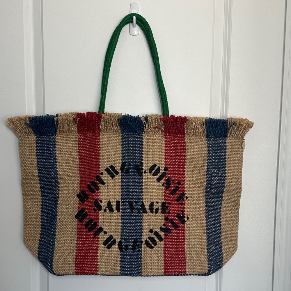 Clare V. Striped Woven Burlap Tote Bag Natural/Navy/Red with Green Handles Large